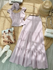 Set Váy Nữ Áo Sát Nách Phối Nút Mix Chân Váy Tầng Dáng Dài Chất Linen Tưng MIMIX - FJ6