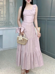 Set Váy Nữ Áo Sát Nách Phối Nút Mix Chân Váy Tầng Dáng Dài Chất Linen Tưng MIMIX - FJ6