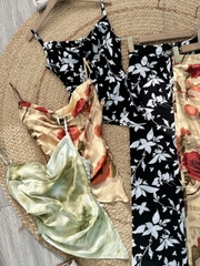 Set Bộ Áo Cổ Đổ Áo 2 Dây Vạt Chéo Mix Quần Dáng Suông Dài Họa Tiết Chất Satin Lạnh Đi Tiệc MIMIX - FK1