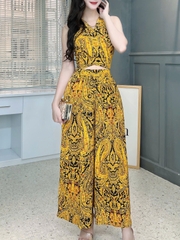 Set Bộ Nữ Áo Đắp Chéo Mix Quần Ống Rộng Dáng Dài Họa Tiết Đi Tiệc MIMIX - FK5