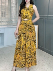 Set Bộ Nữ Áo Đắp Chéo Mix Quần Ống Rộng Dáng Dài Họa Tiết Đi Tiệc MIMIX - FK5