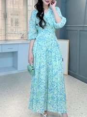 Set Bộ Hoa Nữ Áo Đắp Chéo Cổ Viền Bèo Mix Quần Dáng Dài Đi Biển MIMIX - FK6