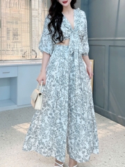 Set Bộ Hoa Nữ Áo Đắp Chéo Cổ Viền Bèo Mix Quần Dáng Dài Đi Biển MIMIX - FK6