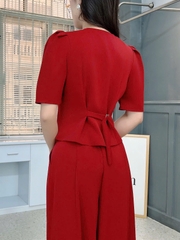 Set Vest Nữ Áo Cổ Tròn Tay Ngắn Nút Đính Hoa Hồng Mix Quần Xếp Ly Dáng Dài MIMIX - FK8