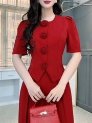 Set Vest Nữ Áo Cổ Tròn Tay Ngắn Nút Đính Hoa Hồng Mix Quần Xếp Ly Dáng Dài MIMIX - FK8