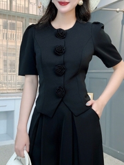 Set Vest Nữ Áo Cổ Tròn Tay Ngắn Nút Đính Hoa Hồng Mix Quần Xếp Ly Dáng Dài MIMIX - FK8