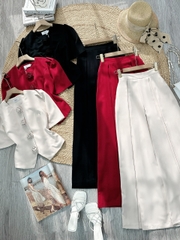 Set Vest Nữ Áo Cổ Tròn Tay Ngắn Nút Đính Hoa Hồng Mix Quần Xếp Ly Dáng Dài MIMIX - FK8