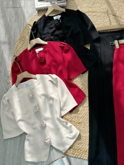 Set Vest Nữ Áo Cổ Tròn Tay Ngắn Nút Đính Hoa Hồng Mix Quần Xếp Ly Dáng Dài MIMIX - FK8