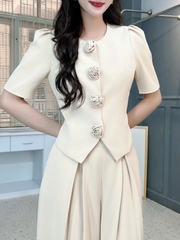 Set Vest Nữ Áo Cổ Tròn Tay Ngắn Nút Đính Hoa Hồng Mix Quần Xếp Ly Dáng Dài MIMIX - FK8