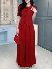 Set Vest Nữ Áo Cổ Tròn Tay Ngắn Nút Đính Hoa Hồng Mix Quần Xếp Ly Dáng Dài MIMIX - FK8