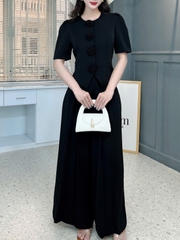 Set Vest Nữ Áo Cổ Tròn Tay Ngắn Nút Đính Hoa Hồng Mix Quần Xếp Ly Dáng Dài MIMIX - FK8