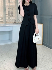 Set Vest Nữ Áo Cổ Tròn Tay Ngắn Nút Đính Hoa Hồng Mix Quần Xếp Ly Dáng Dài MIMIX - FK8