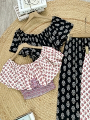 Set Bộ Nữ Áo Croptop Bèo Mix Quần Suông Dài Họa Tiết Đi Biển Đi Tiệc MIMIX - FK9