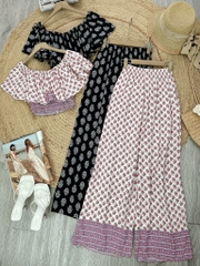 Set Bộ Nữ Áo Croptop Bèo Mix Quần Suông Dài Họa Tiết Đi Biển Đi Tiệc MIMIX - FK9