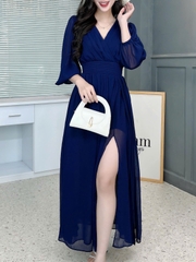 Đầm Maxi Nữ Tay Dài Cổ V Phối Xẻ Tà 3 Màu Chất Tơ IC Đi Biển Đi Tiệc MIMIX - FL0