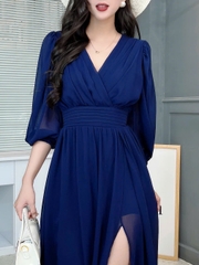 Đầm Maxi Nữ Tay Dài Cổ V Phối Xẻ Tà 3 Màu Chất Tơ IC Đi Biển Đi Tiệc MIMIX - FL0