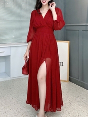 Đầm Maxi Nữ Tay Dài Cổ V Phối Xẻ Tà 3 Màu Chất Tơ IC Đi Biển Đi Tiệc MIMIX - FL0