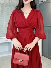Đầm Maxi Nữ Tay Dài Cổ V Phối Xẻ Tà 3 Màu Chất Tơ IC Đi Biển Đi Tiệc MIMIX - FL0