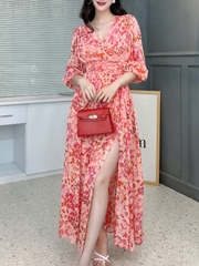 Đầm Maxi Nữ Tay Dài Cổ V Phối Xẻ Tà 3 Màu Chất Tơ IC Đi Biển Đi Tiệc MIMIX - FL0