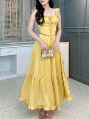 Set Áo 2 Dây Rút Ngực Mix Chân Váy Dáng Dài Xòe Chất Lụa Satin Họa Tiết Chấm Bi Đi Biển MIMIX - FL1