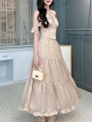 Set Áo 2 Dây Rút Ngực Mix Chân Váy Dáng Dài Xòe Chất Lụa Satin Họa Tiết Chấm Bi Đi Biển MIMIX - FL1