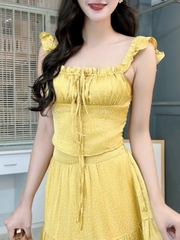 Set Áo 2 Dây Rút Ngực Mix Chân Váy Dáng Dài Xòe Chất Lụa Satin Họa Tiết Chấm Bi Đi Biển MIMIX - FL1