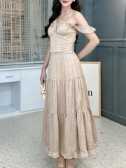 Set Áo 2 Dây Rút Ngực Mix Chân Váy Dáng Dài Xòe Chất Lụa Satin Họa Tiết Chấm Bi Đi Biển MIMIX - FL1