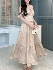 Set Áo 2 Dây Rút Ngực Mix Chân Váy Dáng Dài Xòe Chất Lụa Satin Họa Tiết Chấm Bi Đi Biển MIMIX - FL1