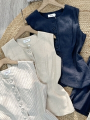 Set Short Nữ Trơn Áo Gile Cổ Tròn Nút Bọc Mix Quần Dáng Ngắn Chất Linen Đi Dạo Phố MIMIX - FL2