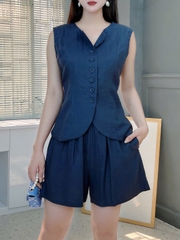 Set Short Nữ Trơn Áo Gile Cổ Tròn Nút Bọc Mix Quần Dáng Ngắn Chất Linen Đi Dạo Phố MIMIX - FL2