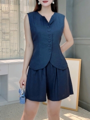 Set Short Nữ Trơn Áo Gile Cổ Tròn Nút Bọc Mix Quần Dáng Ngắn Chất Linen Đi Dạo Phố MIMIX - FL2