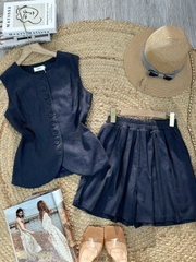 Set Short Nữ Trơn Áo Gile Cổ Tròn Nút Bọc Mix Quần Dáng Ngắn Chất Linen Đi Dạo Phố MIMIX - FL2