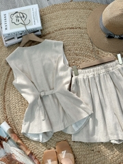 Set Short Nữ Trơn Áo Gile Cổ Tròn Nút Bọc Mix Quần Dáng Ngắn Chất Linen Đi Dạo Phố MIMIX - FL2