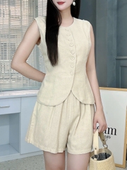 Set Short Nữ Trơn Áo Gile Cổ Tròn Nút Bọc Mix Quần Dáng Ngắn Chất Linen Đi Dạo Phố MIMIX - FL2