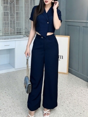 Set Bộ Nữ Áo Croptop Cổ Vest Tà Lệch Mix Quần Dáng Dài Chất Cát Hàn Công Sở MIMIX - FL3