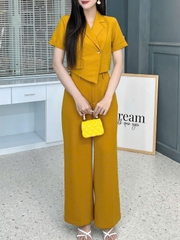 Set Bộ Nữ Áo Croptop Cổ Vest Tà Lệch Mix Quần Dáng Dài Chất Cát Hàn Công Sở MIMIX - FL3