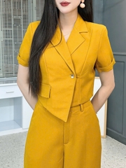 Set Bộ Nữ Áo Croptop Cổ Vest Tà Lệch Mix Quần Dáng Dài Chất Cát Hàn Công Sở MIMIX - FL3