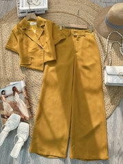 Set Bộ Nữ Áo Croptop Cổ Vest Tà Lệch Mix Quần Dáng Dài Chất Cát Hàn Công Sở MIMIX - FL3