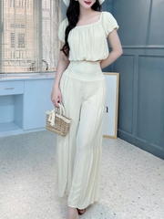 Set Bộ Nữ Áo Croptop Tay Bí Mix Quần Dài Ống Giả Váy Chất Xô Thêu Hạt Đi Tiệc Đi Biển MIMIX - FL4