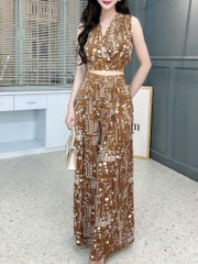 Set Bộ Nữ Áo Sát Nách Đắp Chéo Mix Quần Dài Ống Rộng 2 Túi Họa Tiết Đi Dạo Phố MIMIX - FL6