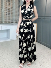 Set Bộ Nữ Áo Sát Nách Đắp Chéo Mix Quần Dài Ống Rộng 2 Túi Họa Tiết Đi Dạo Phố MIMIX - FL6