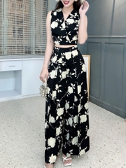 Set Bộ Nữ Áo Sát Nách Đắp Chéo Mix Quần Dài Ống Rộng 2 Túi Họa Tiết Đi Dạo Phố MIMIX - FL6