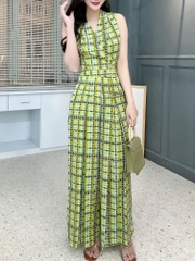 Set Bộ Nữ Áo Sát Nách Đắp Chéo Mix Quần Dài Ống Rộng 2 Túi Họa Tiết Đi Dạo Phố MIMIX - FL6