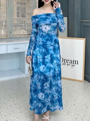 Set Váy Nữ Áo Thun Trễ Vai Tay Dài Kèm Chân Váy Dáng Dài Xòe Đi Biển MIMIX - FL8