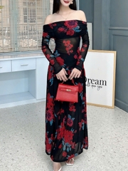 Set Váy Nữ Áo Thun Trễ Vai Tay Dài Kèm Chân Váy Dáng Dài Xòe Đi Biển MIMIX - FL8