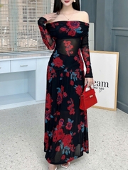 Set Váy Nữ Áo Thun Trễ Vai Tay Dài Kèm Chân Váy Dáng Dài Xòe Đi Biển MIMIX - FL8