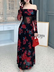 Set Váy Nữ Áo Thun Trễ Vai Tay Dài Kèm Chân Váy Dáng Dài Xòe Đi Biển MIMIX - FL8