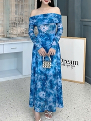 Set Váy Nữ Áo Thun Trễ Vai Tay Dài Kèm Chân Váy Dáng Dài Xòe Đi Biển MIMIX - FL8