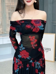 Set Váy Nữ Áo Thun Trễ Vai Tay Dài Kèm Chân Váy Dáng Dài Xòe Đi Biển MIMIX - FL8