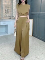 Set Bộ Trơn Nữ Áo Sát Cổ Tròn Nách Độn Vai Mix Quần Dáng Dài Đi Tiệc MIMIX - FL9